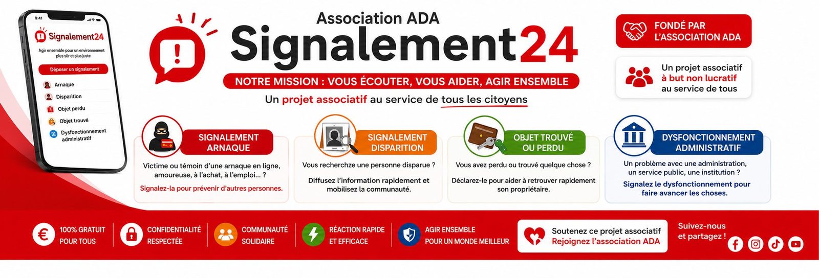 Signalement24, un projet associatif fondé par l'Association ADA — Notre mission : vous écouter, vous aider, agir ensemble